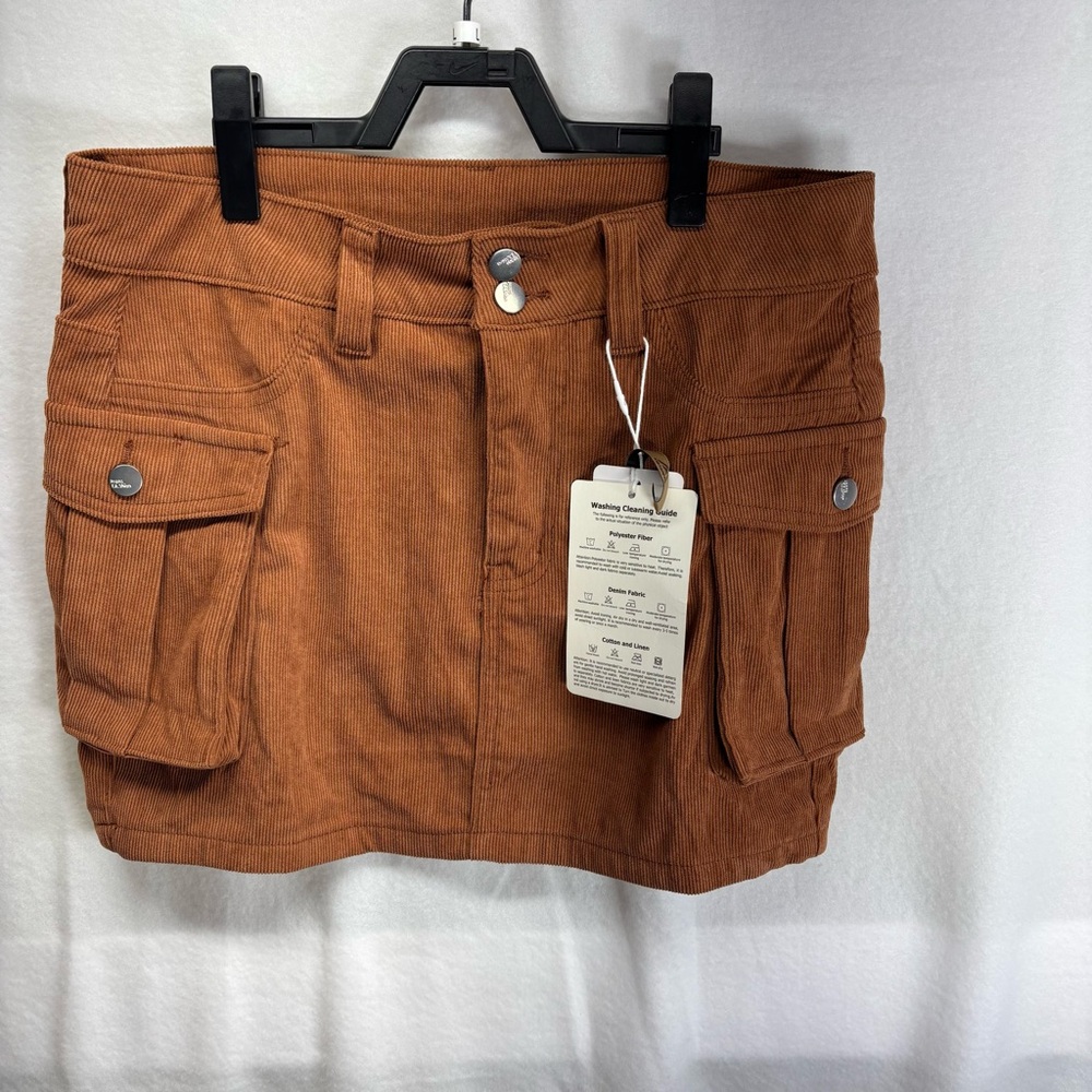 MANCREDA Brown Corduroy M Cargo Mini Skirt Button Fly Utility Pockets Size Small